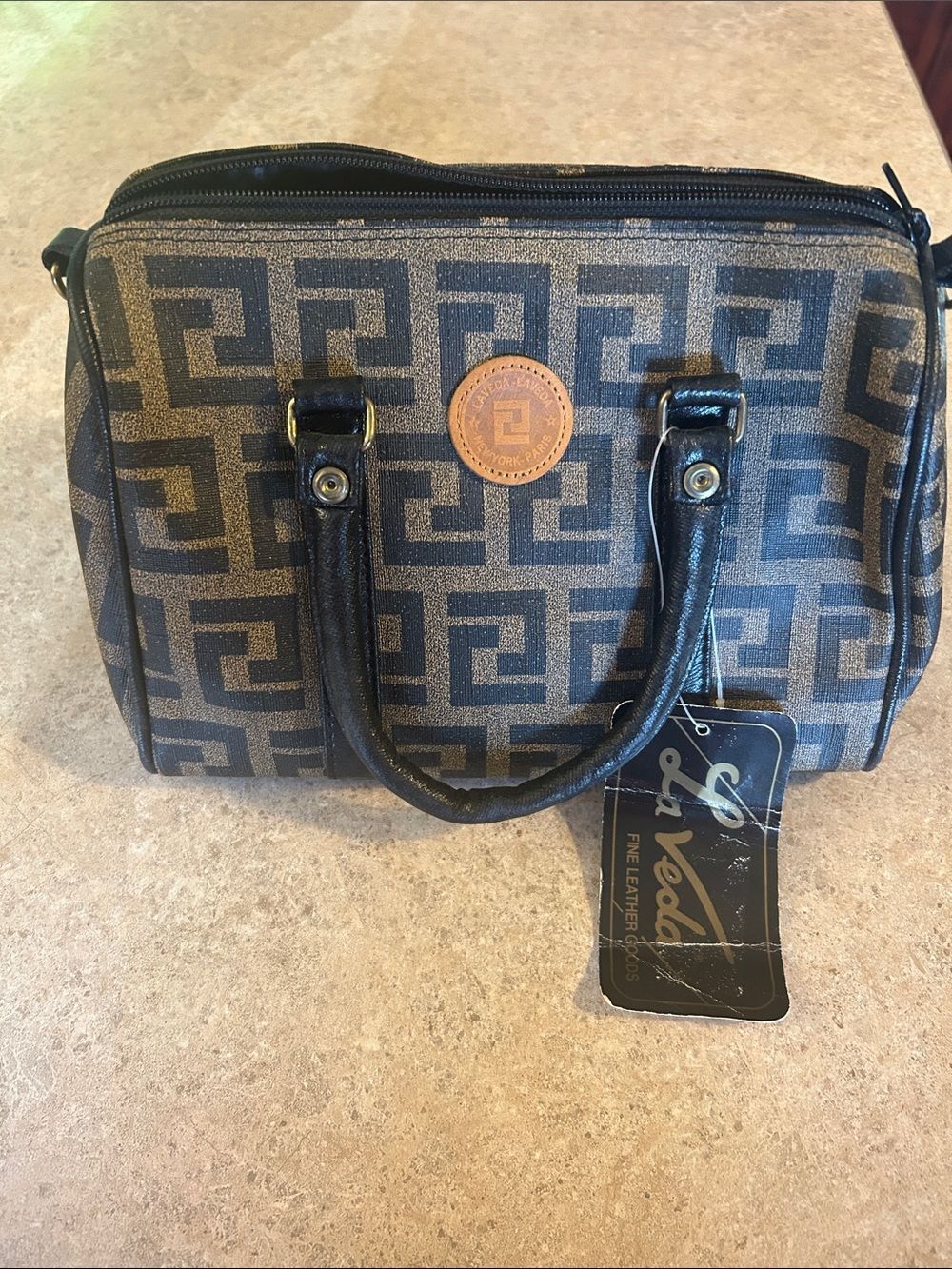 Vintage La Veda Brown Geometric Monogram Boston Barrel Bag Handbag New